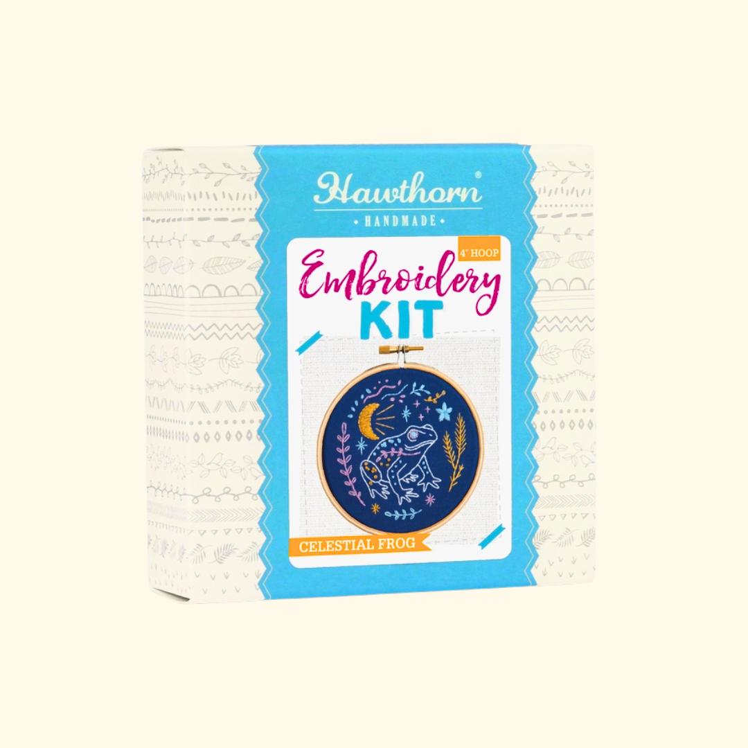 Celestial Frog Mini Embroidery Kit by Hawthorn Handmade in its illustrated presentation box.