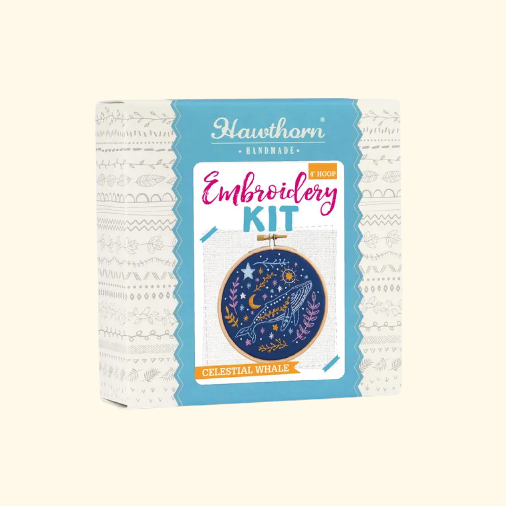 Celestial Whale Mini Embroidery Kit by Hawthorn Handmade shown in illustrated box packaging.