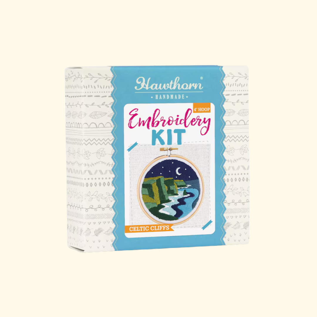 Celtic Cliffs Mini Embroidery Kit by Hawthorn Handmade gift box showing the embroidery pattern and project details.