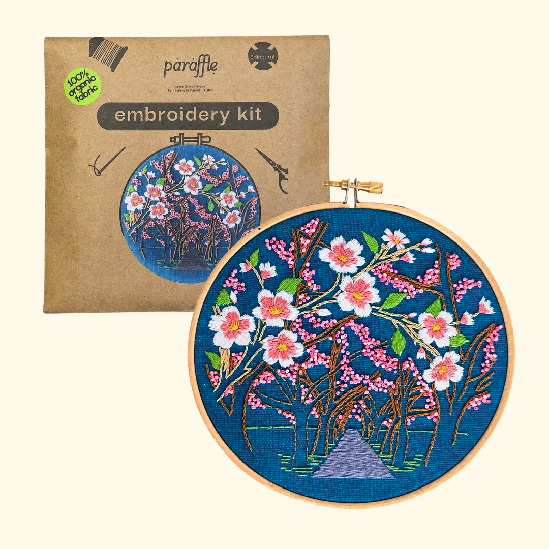Paraffle Cherry Blossom Embroidery Kit with packaging and finished hoop design.