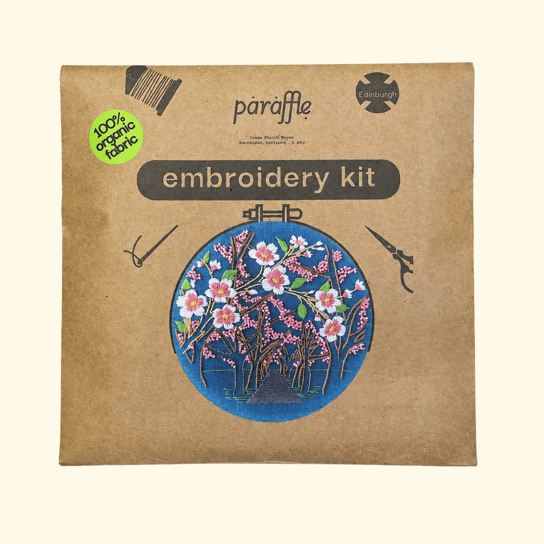 Paraffle Cherry Blossom Embroidery Kit packaging featuring the completed floral design.