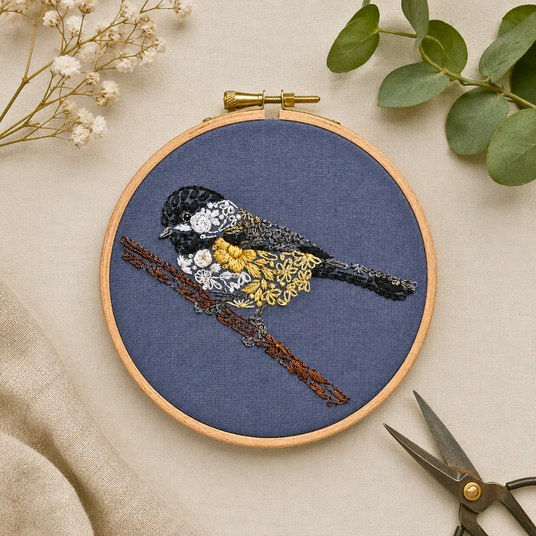 Completed Nest Embirdery Chickadee Mini Embroidery Kit styled with embroidery scissors and botanical details.