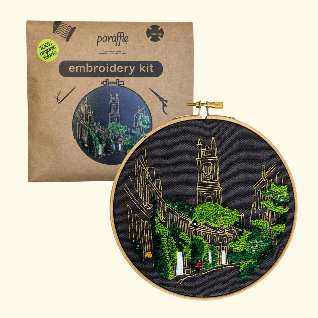 Paraffle Circus Lane Embroidery Kit with packaging and finished hoop design.