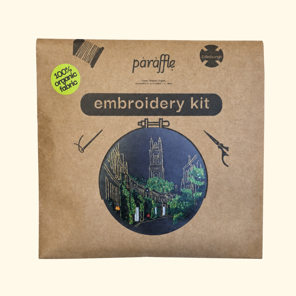 Paraffle Circus Lane Embroidery Kit packaging featuring the completed Edinburgh street design.