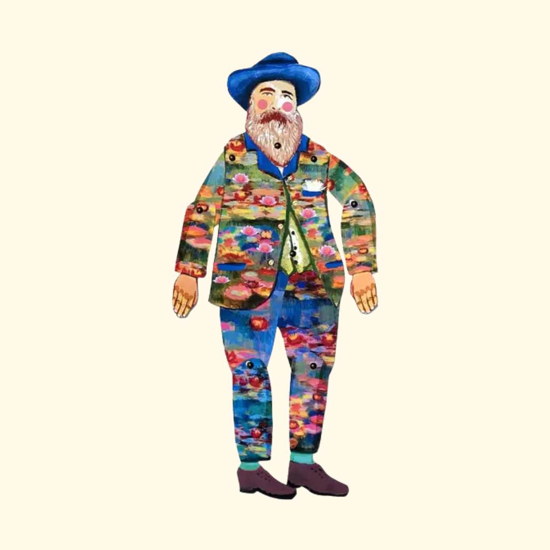 Finished Claude Monet articulated paper puppet from the Wini Tapp Cut & Make craft kit