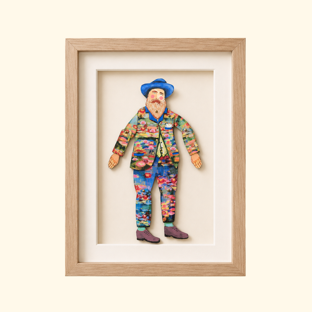 Claude Monet paper puppet by Wini Tapp displayed finished in a wooden frame