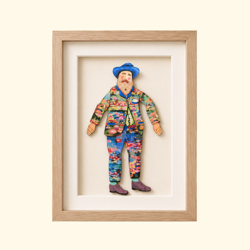Claude Monet paper puppet by Wini Tapp displayed finished in a wooden frame