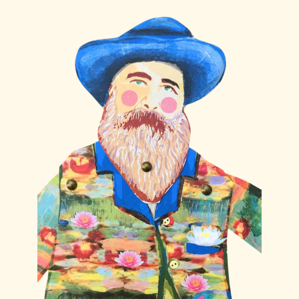 Claude Monet articulated paper puppet detail with blue hat, beard and floral artist outfit