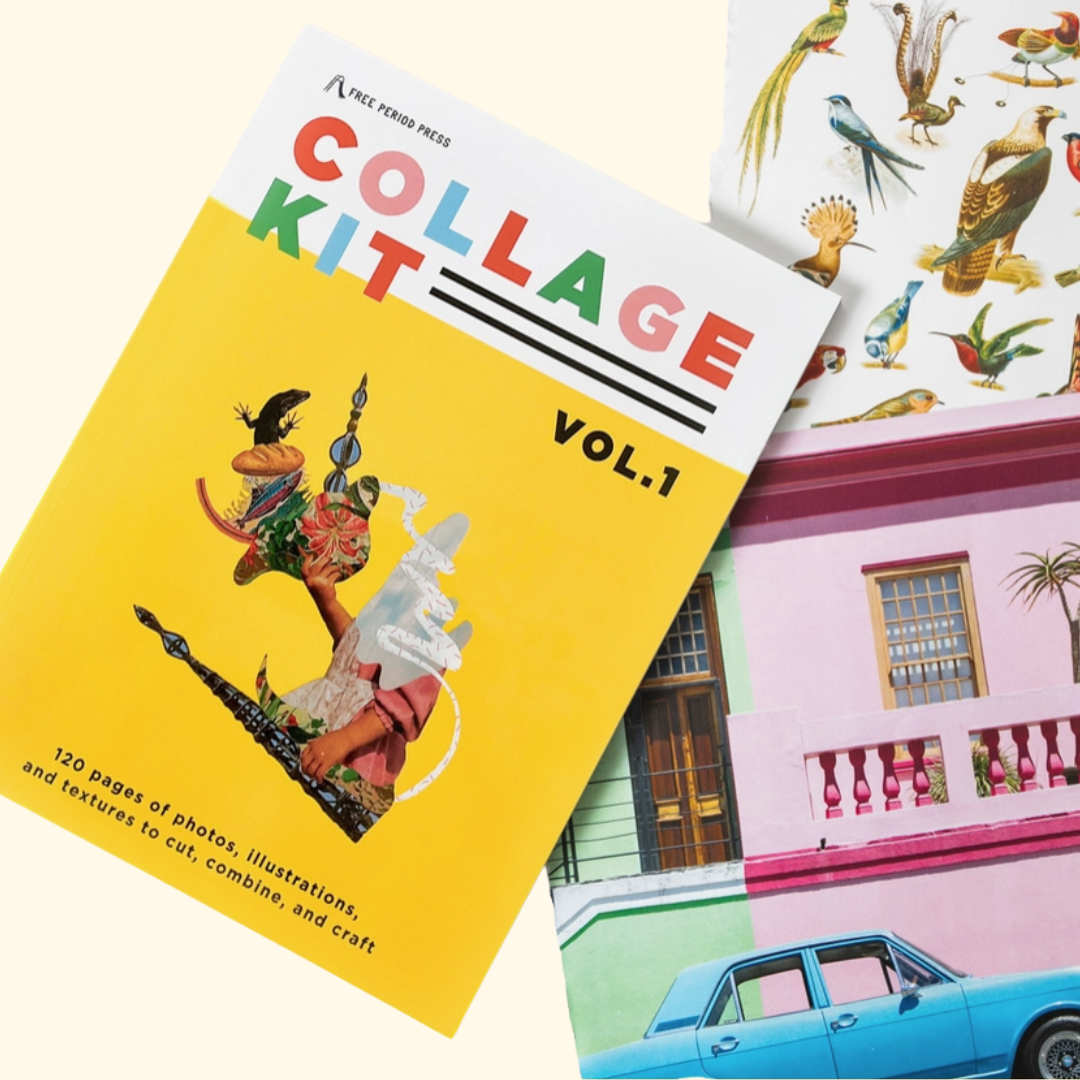 Close up of a perforated page from Collage Kit Magazine Vol. 1 being removed for collage and paper craft projects