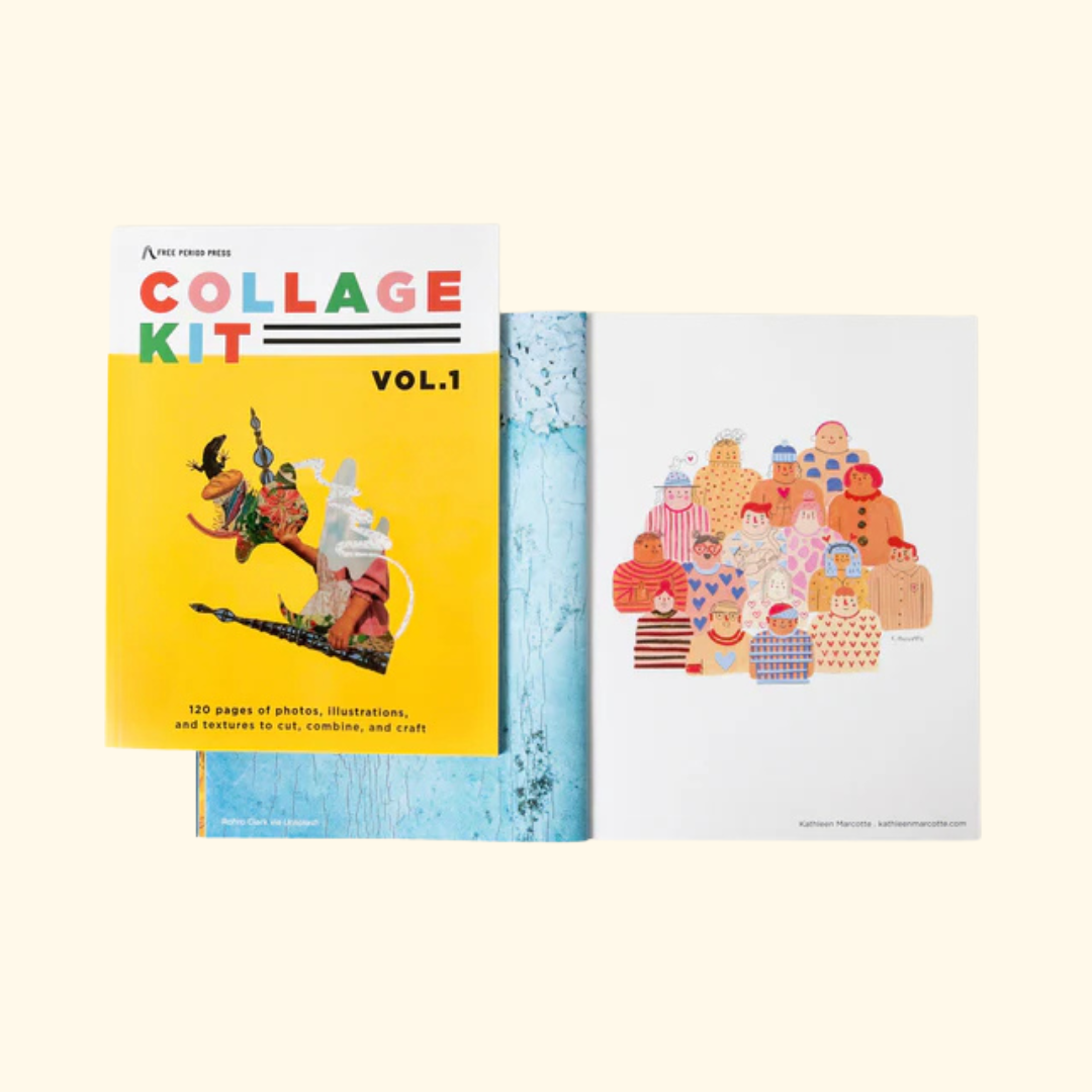 Collage Kit Magazine Vol. 1 displayed with a completed collage artwork created from magazine cut outs