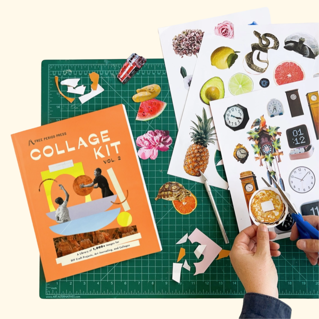 Collage workspace with pages from Collage Kit Magazine Vol. 2, scissors, stickers and paper cuttings