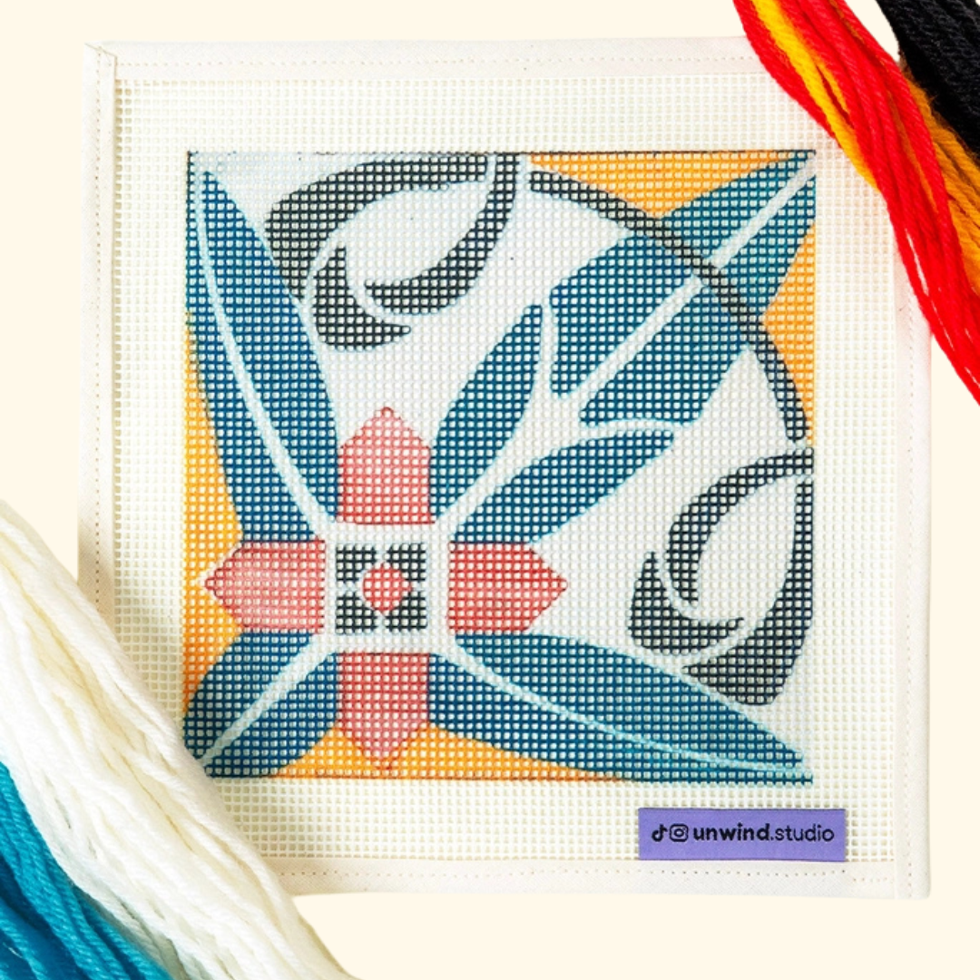 Pre-printed needlepoint canvas featuring the colourful geometric Costa Cabral Portuguese tile design.