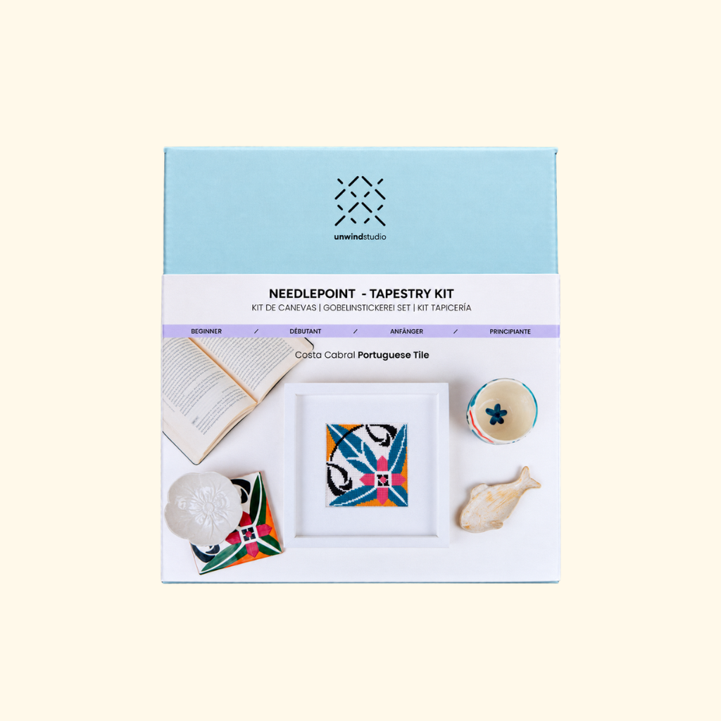 Costa Cabral Portuguese Tile Needlepoint Kit packaging by Unwind Studio.