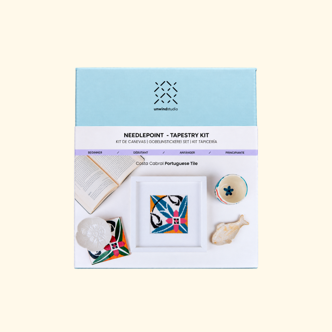Costa Cabral Portuguese Tile Needlepoint Kit packaging by Unwind Studio.