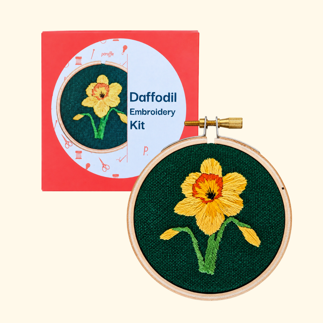 Paraffle Daffodil Mini Embroidery Kit with packaging and finished hoop design.