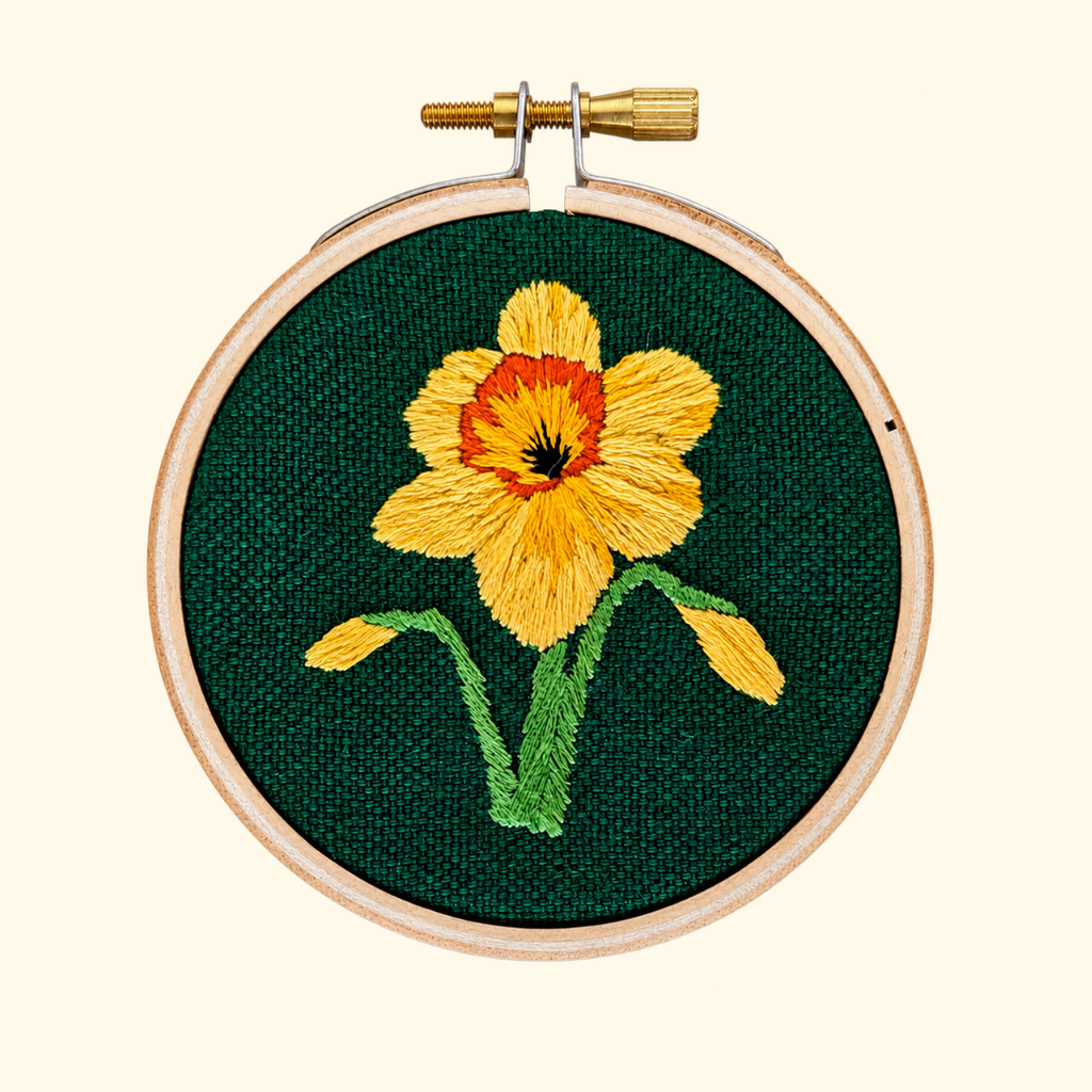 Finished Daffodil Mini Embroidery Kit by Paraffle displayed in a wooden embroidery hoop.