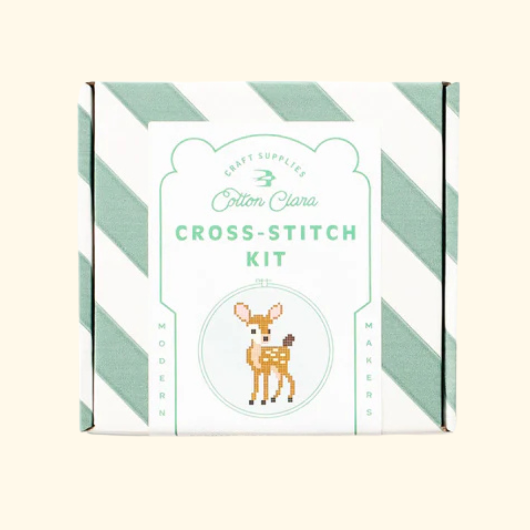 Cotton Clara Deer Cross Stitch Kit in striped gift box packaging.