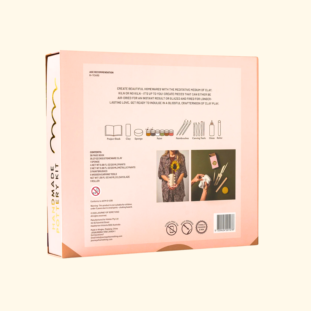 Back of Deluxe Handmade Pottery And Paint Kit packaging showing contents and instructions