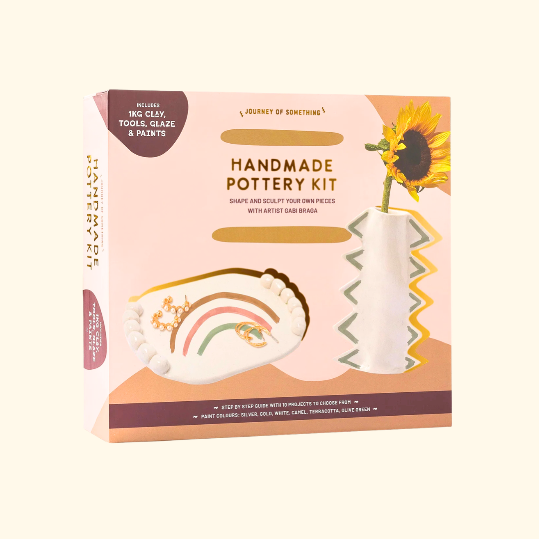 Deluxe Handmade Pottery And Paint Kit box with illustrated ceramic vase artwork
