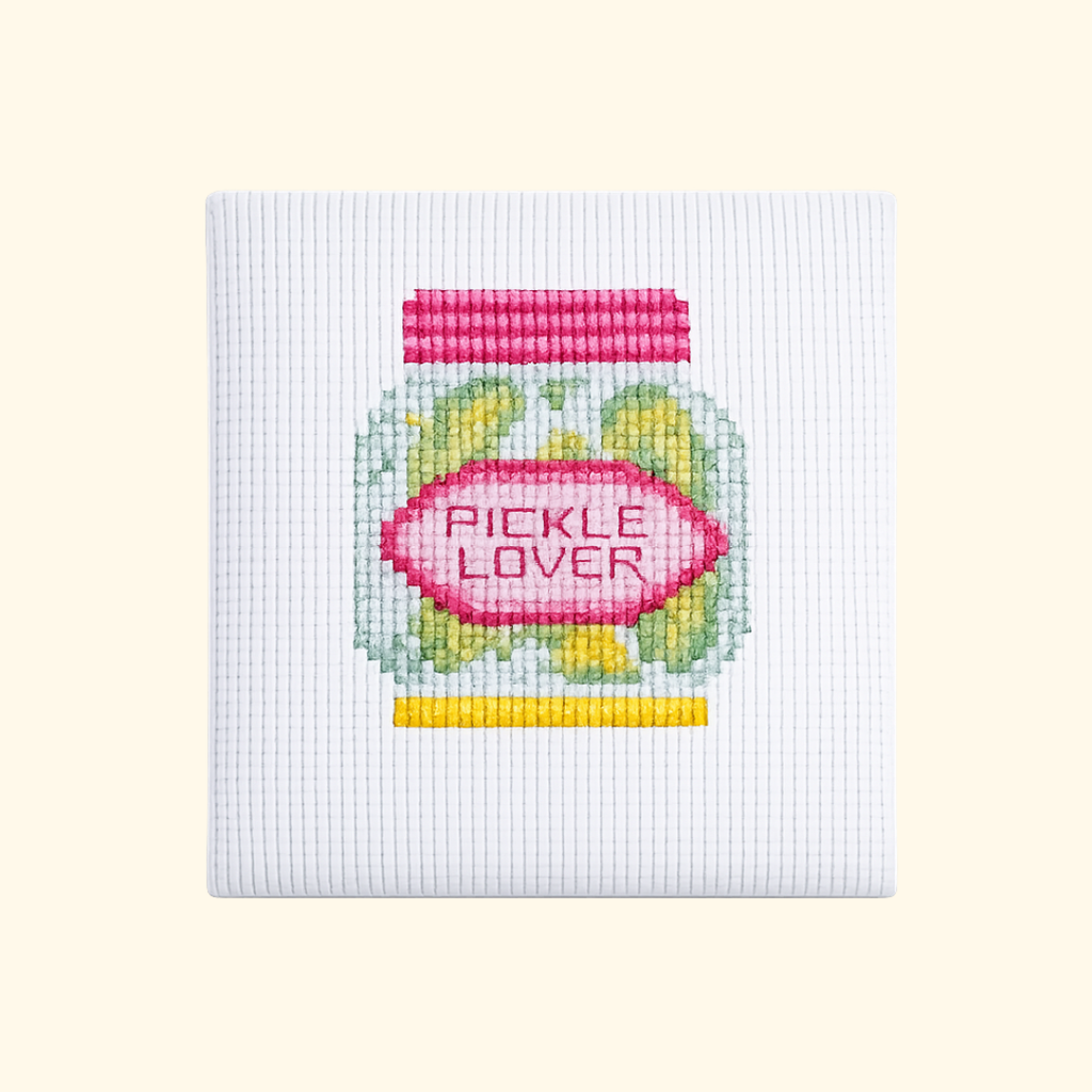 Completed Dill Pickle Mini Cross Stitch Kit featuring a colourful pickle jar design by The Make Arcade.