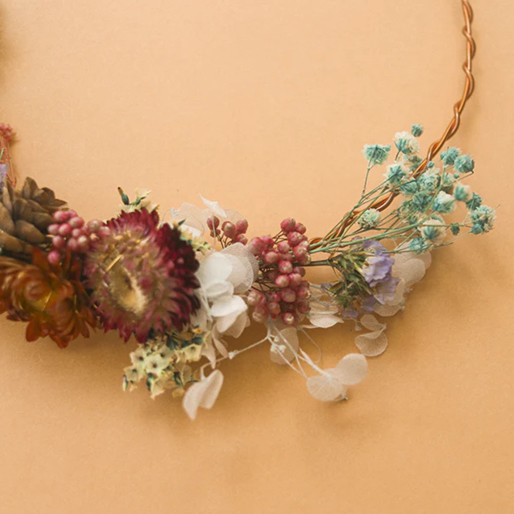Close up of the dried flowers used to create the La Petite Epicerie wall hanging kit.