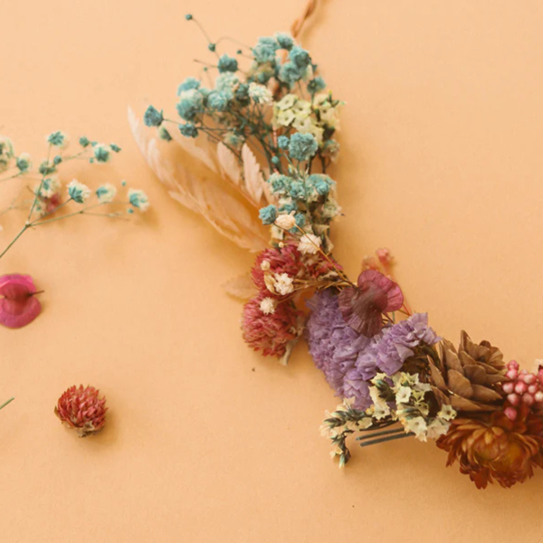 Detailed view of the finished dried flower wall hanging from the La Petite Epicerie craft kit.