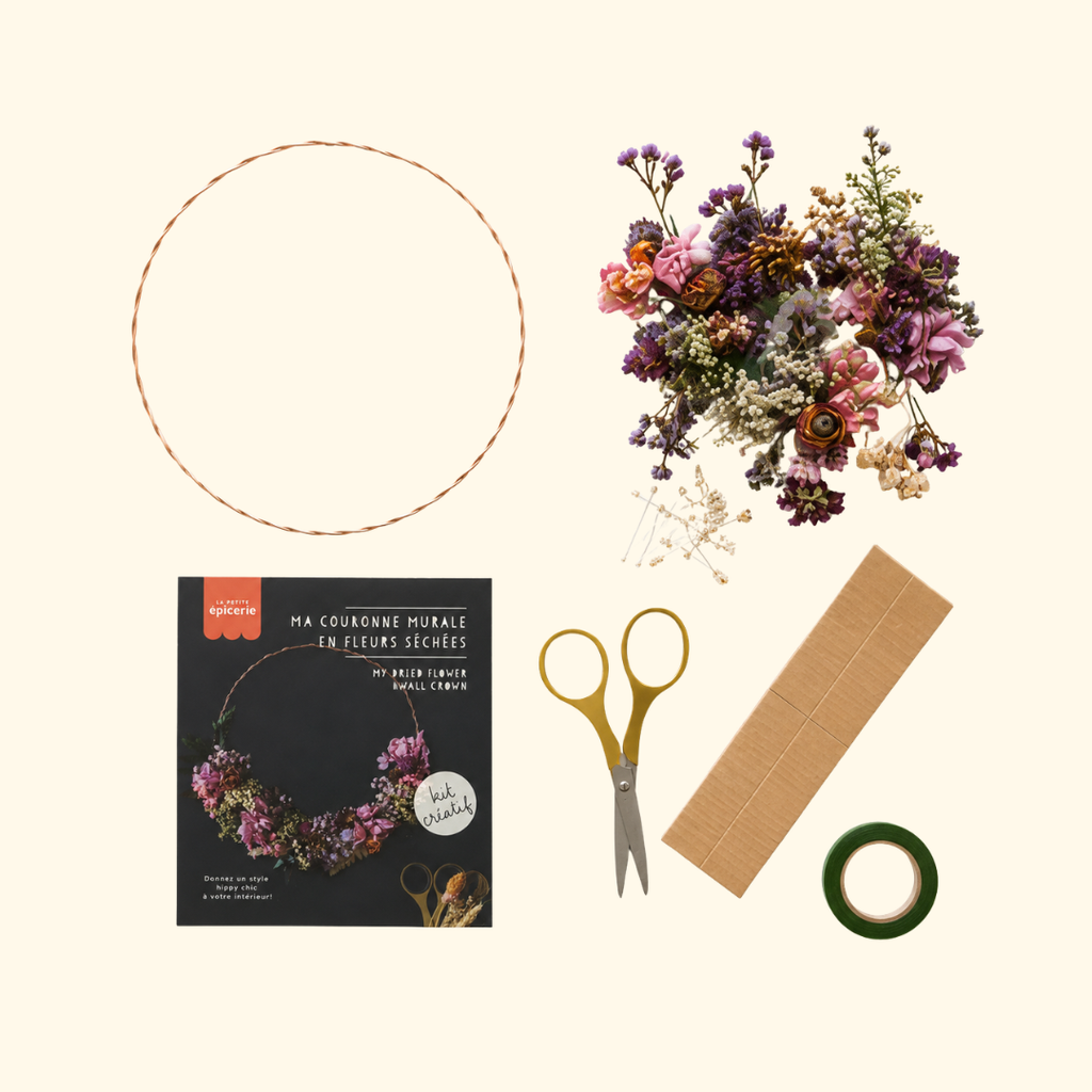 Contents of the La Petite Epicerie Dried Flower Wall Hanging Kit laid out before assembly.