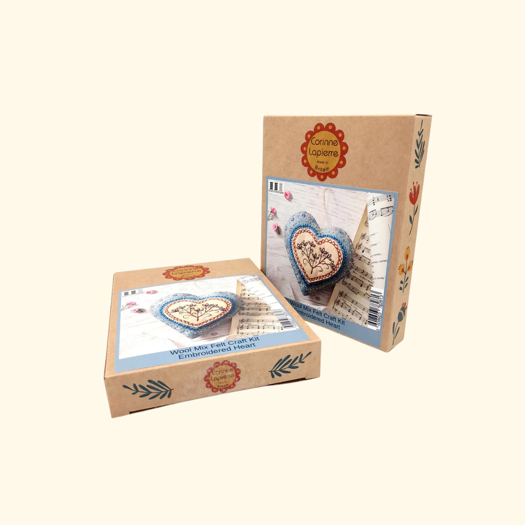 Embroidered Heart felt craft kit packaging by Corinne Lapierre showing the completed project and kit contents.