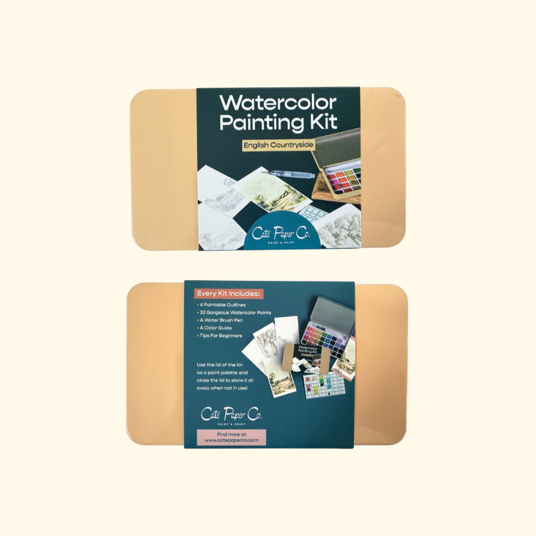 Front and back of the English Countryside Watercolour Painting Kit by Cate Paper Co packaging displayed side by side.