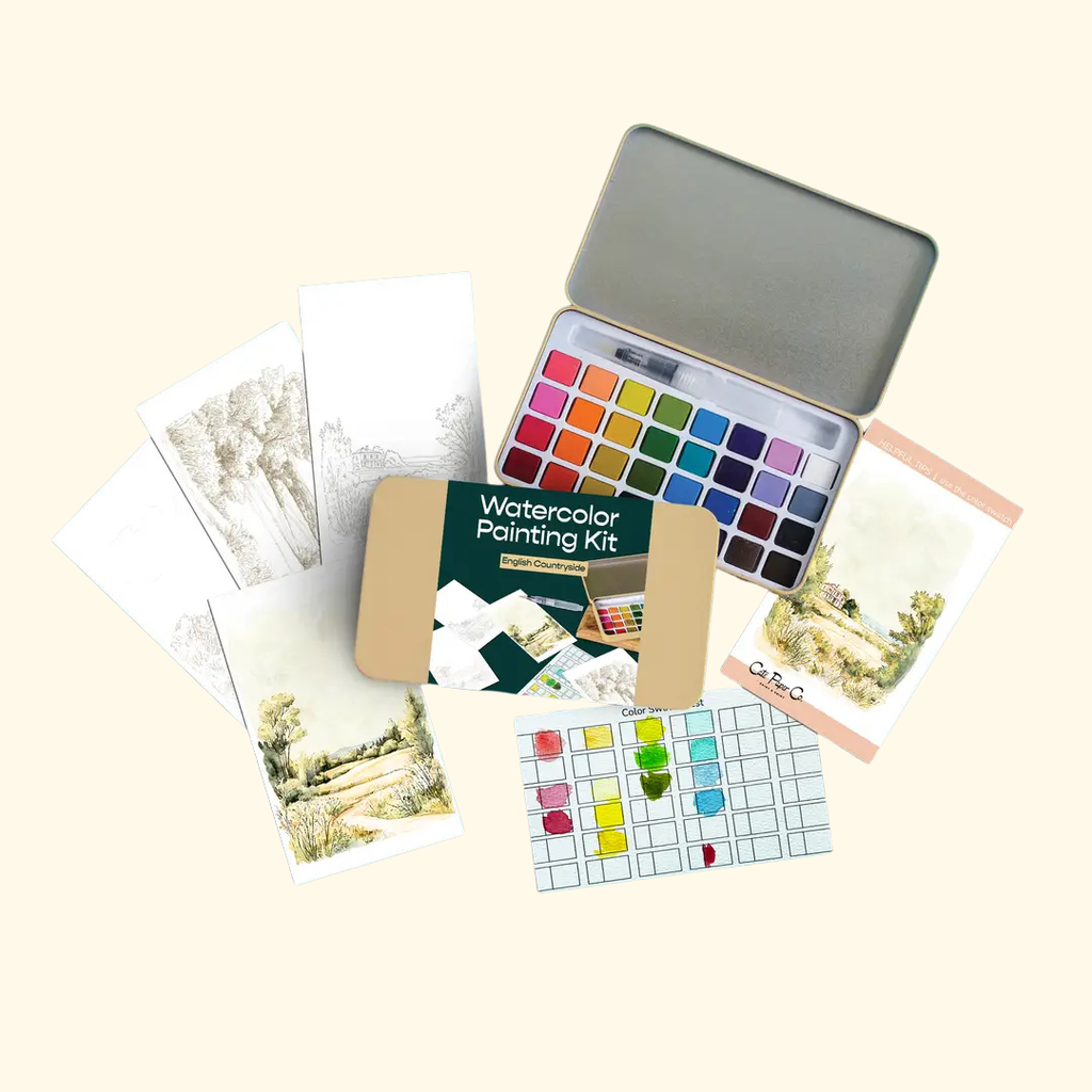 Everything included in the English Countryside Watercolour Painting Kit by Cate Paper Co, featuring premium watercolour outlines, paints, a water brush and colour guide.