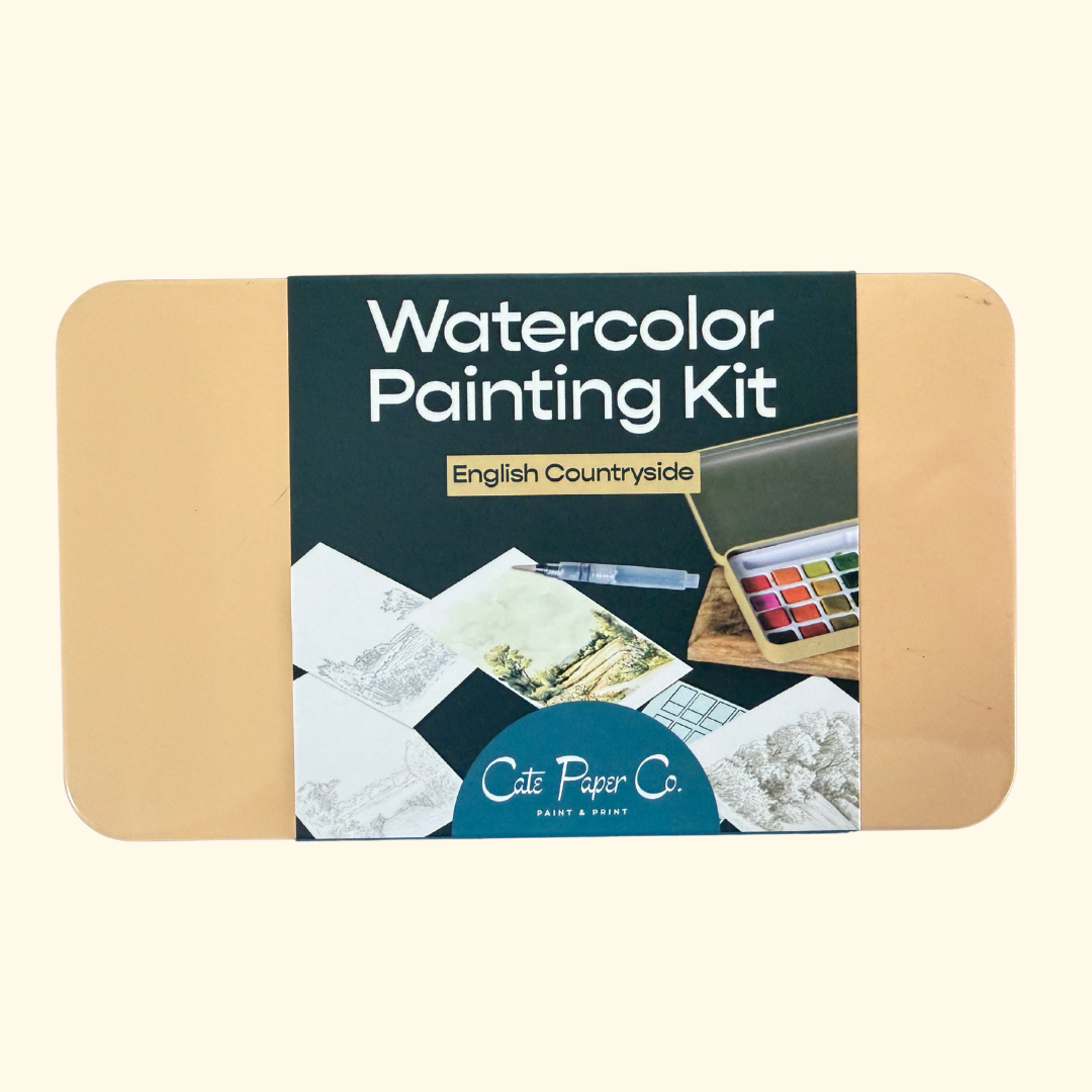 English Countryside Watercolour Painting Kit by Cate Paper Co presented in its beautifully illustrated reusable tin.