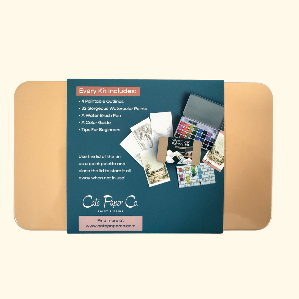 Close-up of the English Countryside Watercolour Painting Kit by Cate Paper Co packaging highlighting the kit contents and product details.