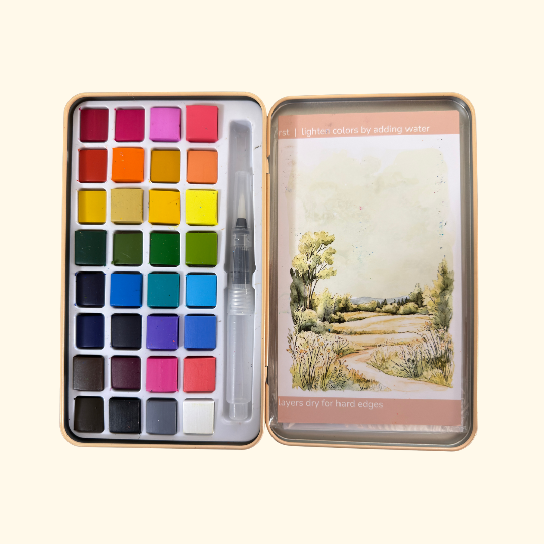 Travel-sized watercolour paint palette and English Countryside artwork included with the Cate Paper Co painting kit.