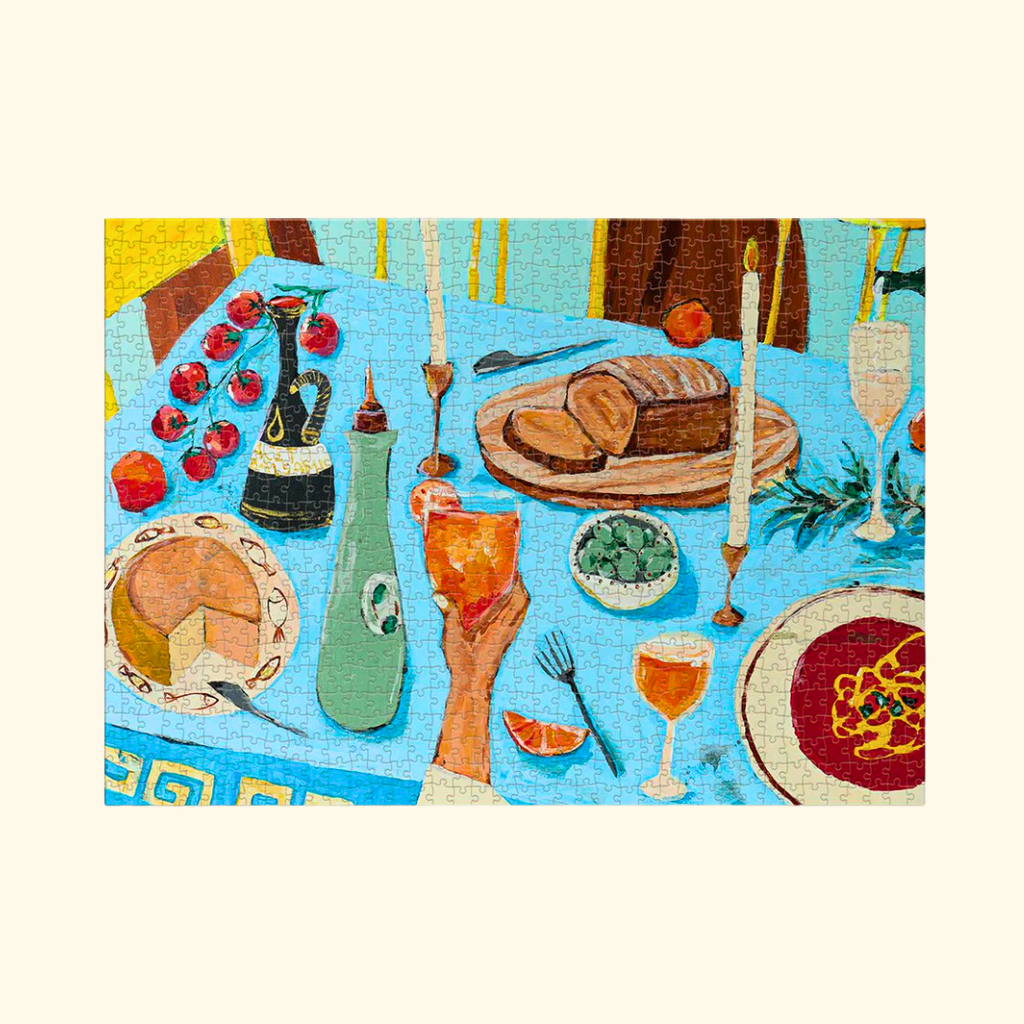 Colourful 1000 piece puzzle featuring a Mediterranean inspired feast table illustration by artist Karolina Miła.
