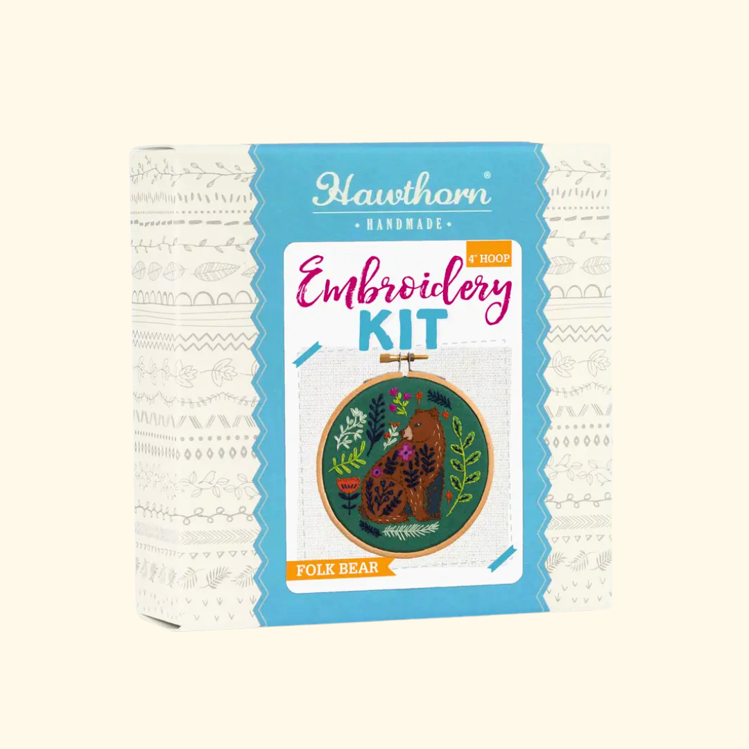 Folk Bear Mini Embroidery Kit by Hawthorn Handmade shown in its illustrated craft kit packaging.