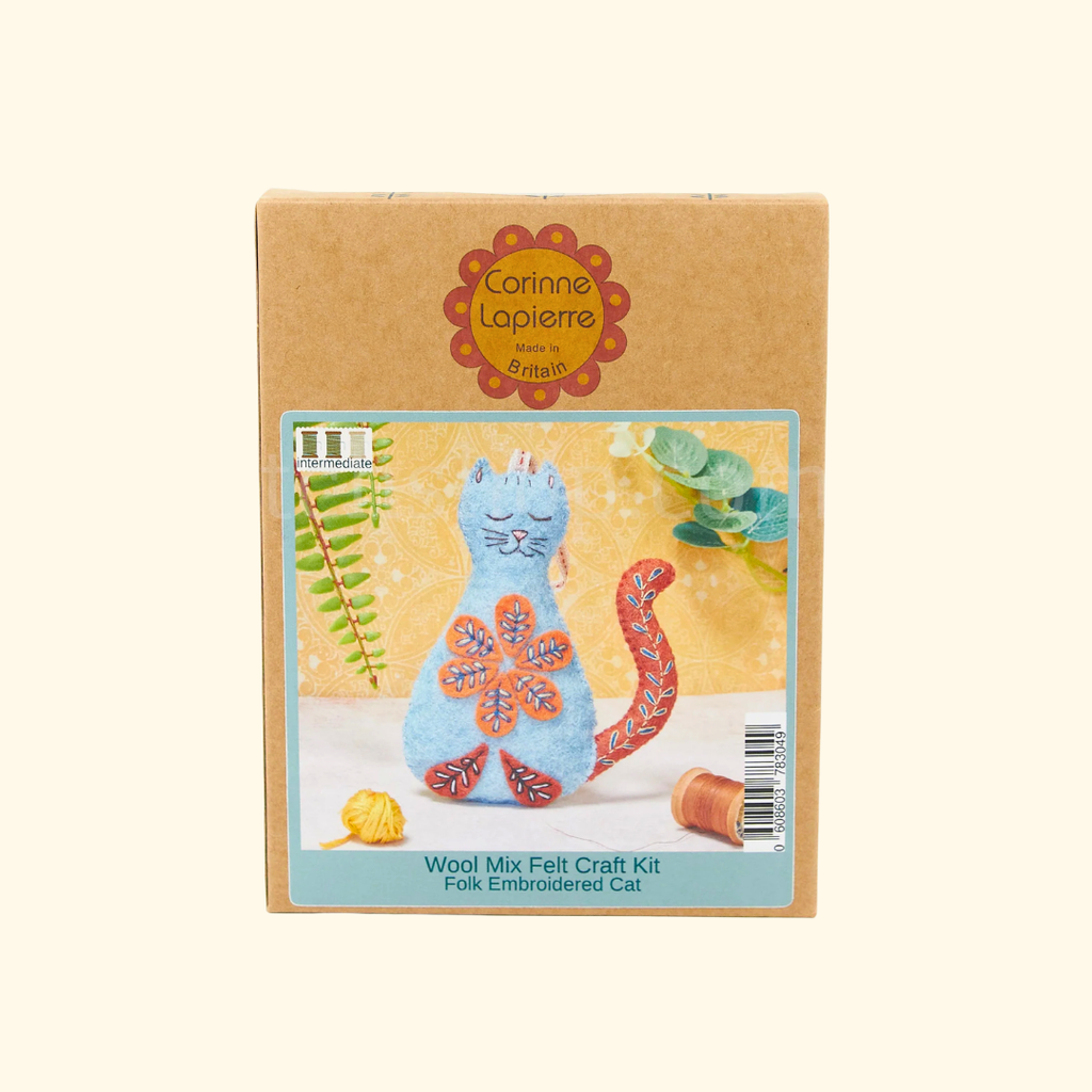 Folk Cat felt craft kit packaging by Corinne Lapierre showing the completed project and kit contents.
