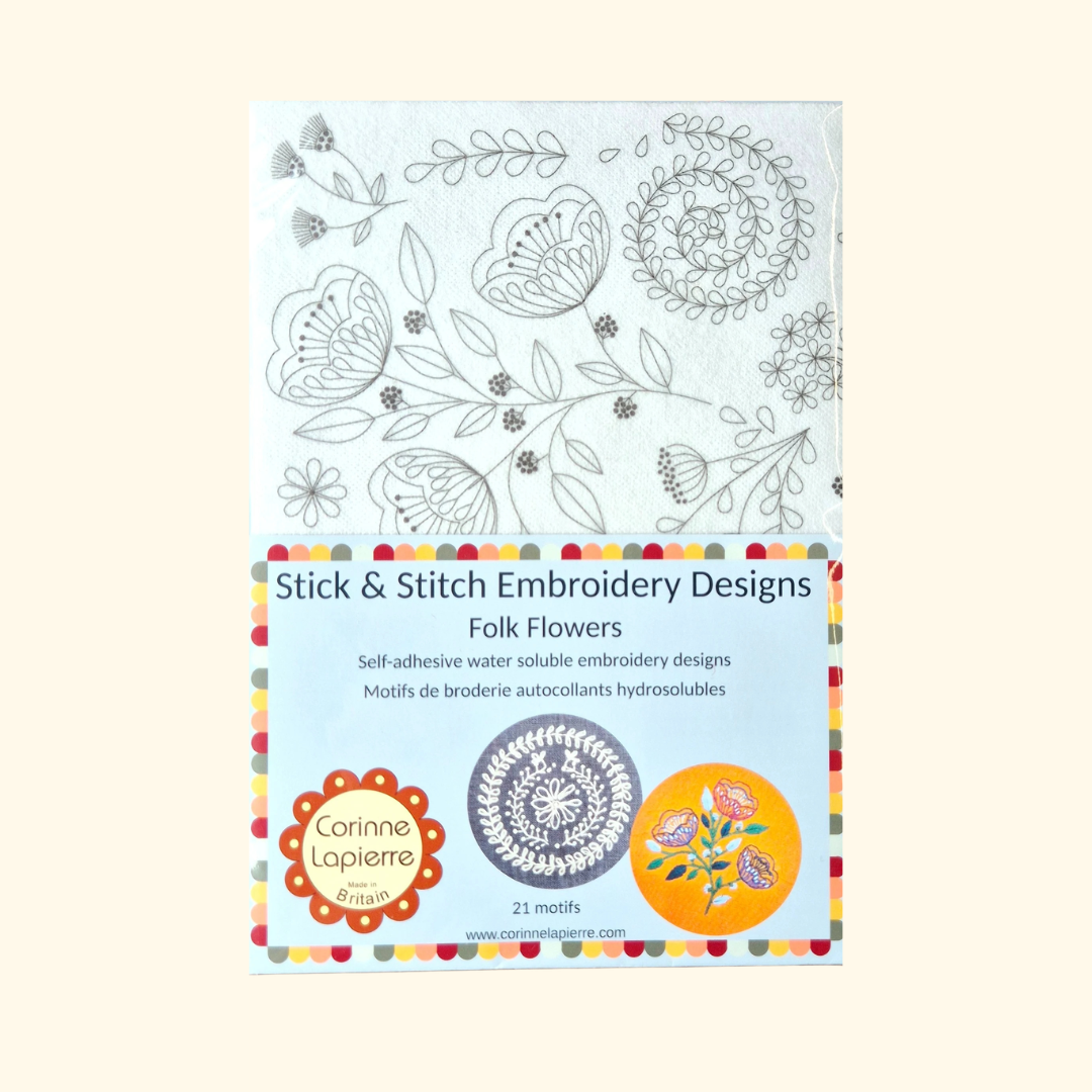 Folk Flowers Stick & Stitch Embroidery Kit by Corinne Lapierre with floral embroidery transfer designs