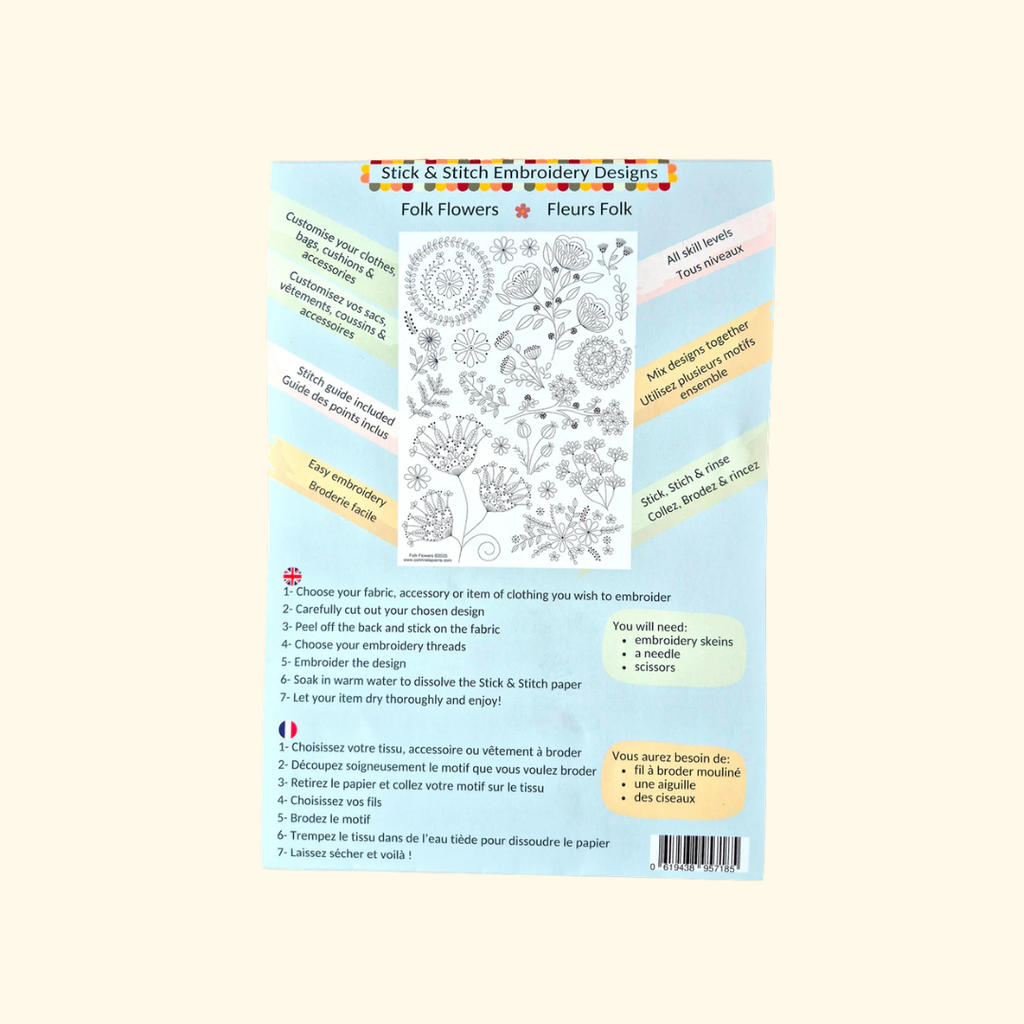 Back of Folk Flowers Stick & Stitch Embroidery Kit packaging showing instructions and design examples