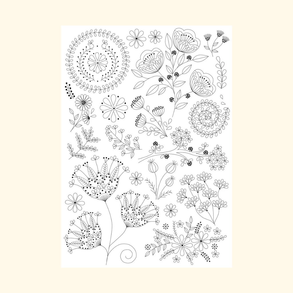 Water soluble stick and stitch embroidery transfer sheet featuring folk flower and botanical motifs