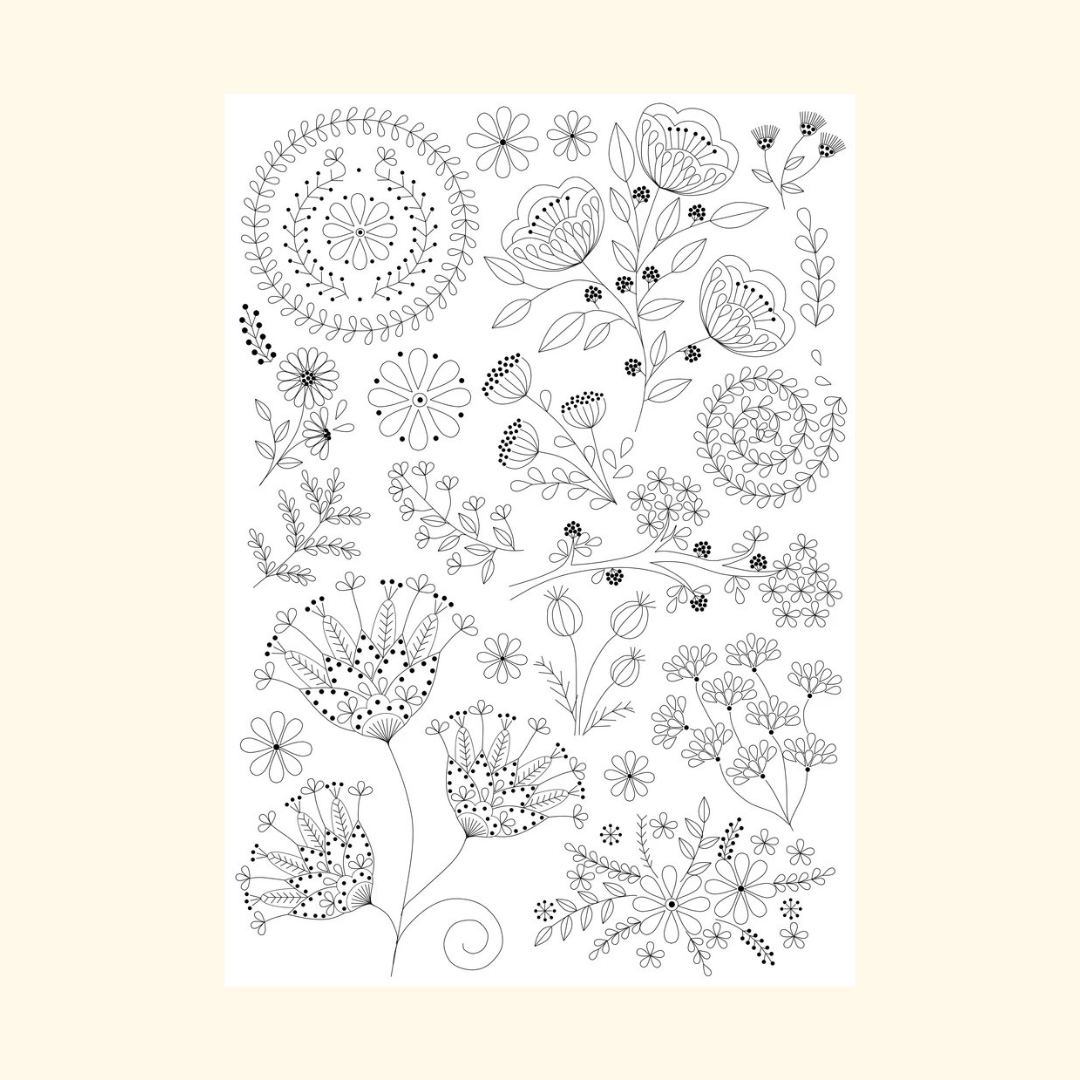 Water soluble stick and stitch embroidery transfer sheet featuring folk flower and botanical motifs