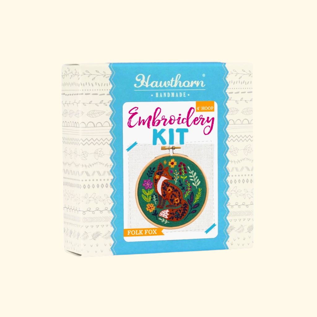 Folk Fox Mini Embroidery Kit by Hawthorn Handmade in its illustrated presentation box.