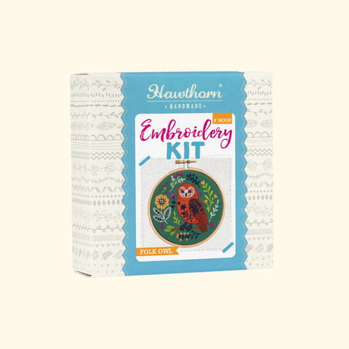 Hawthorn Handmade Folk Owl Mini Embroidery Kit shown in its box packaging.