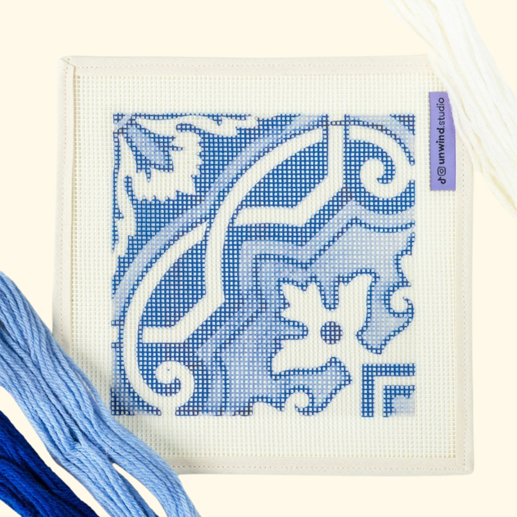 Pre-printed needlepoint canvas featuring the blue and white Fontainhas Portuguese tile design.