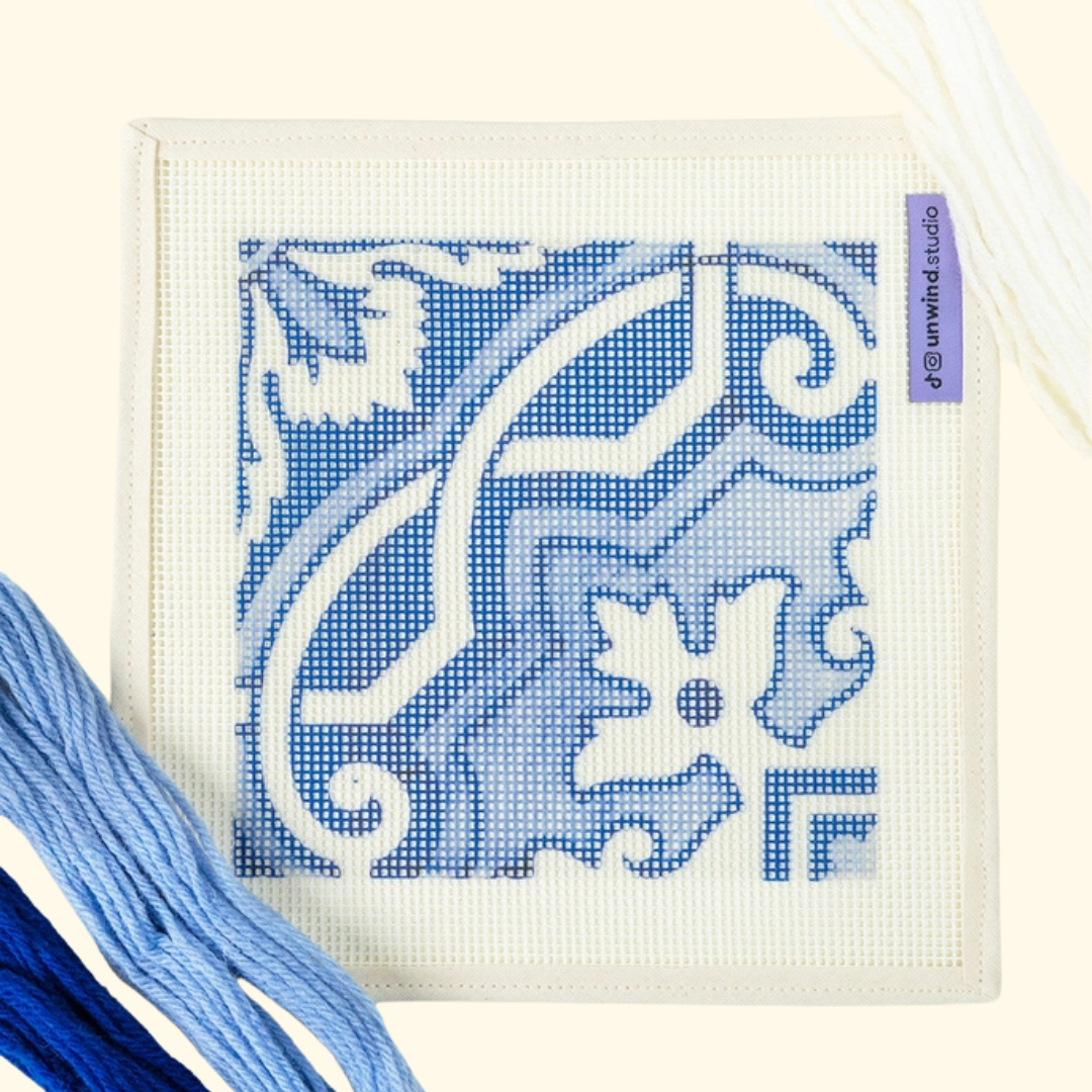 Pre-printed needlepoint canvas featuring the blue and white Fontainhas Portuguese tile design.