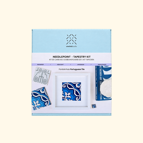 Fontainhas Portuguese Tile Needlepoint Kit packaging by Unwind Studio.