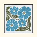 Completed Forget Me Not Grid Cross Stitch Kit by Budgie Goods featuring blue flowers and green leaves in a black frame.