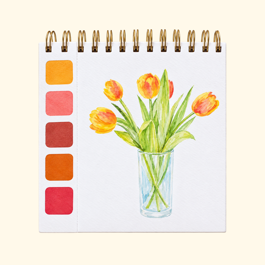 France Watercolour Travel Book by La Petite Epicerie showing a hand-painted illustration of yellow tulips in a glass vase with a warm-toned watercolour palette.