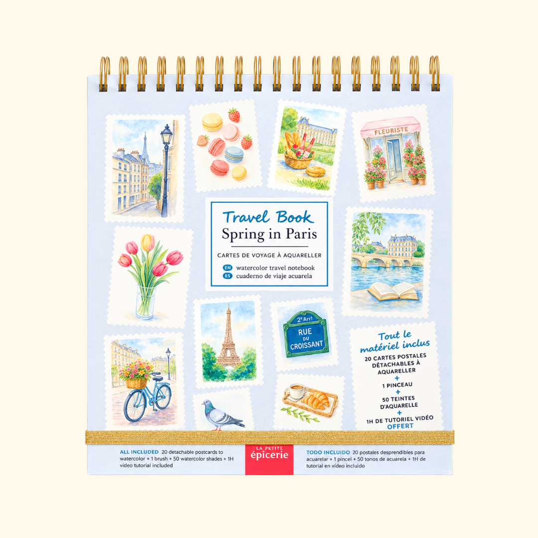 France Watercolour Travel Book by La Petite Epicerie featuring a spiral-bound painting book with colourful French-inspired illustrations and watercolour designs.