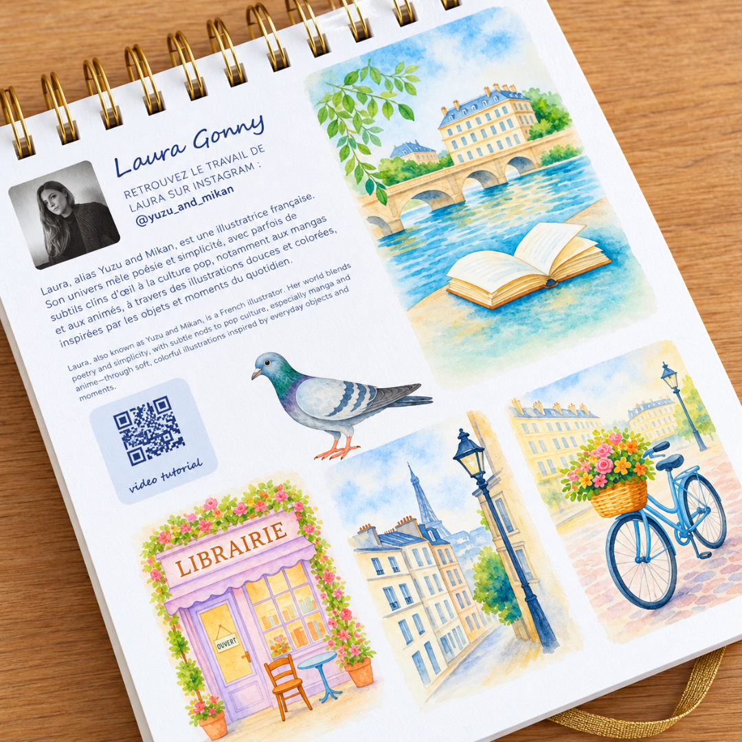 Open France Watercolour Travel Book by La Petite Epicerie showing illustrated painting activities, travel-inspired designs and watercolour instructions.