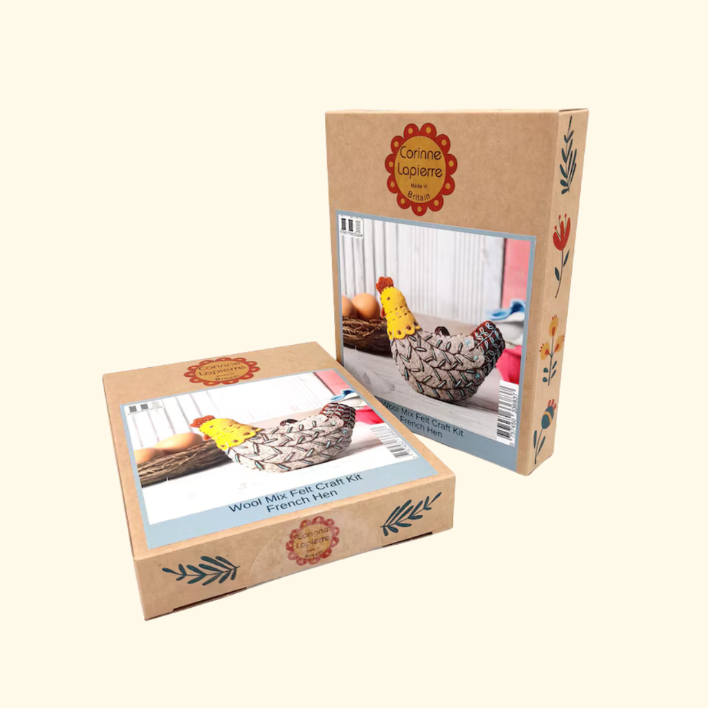French Hen felt craft kit packaging by Corinne Lapierre showing the completed project and kit contents.